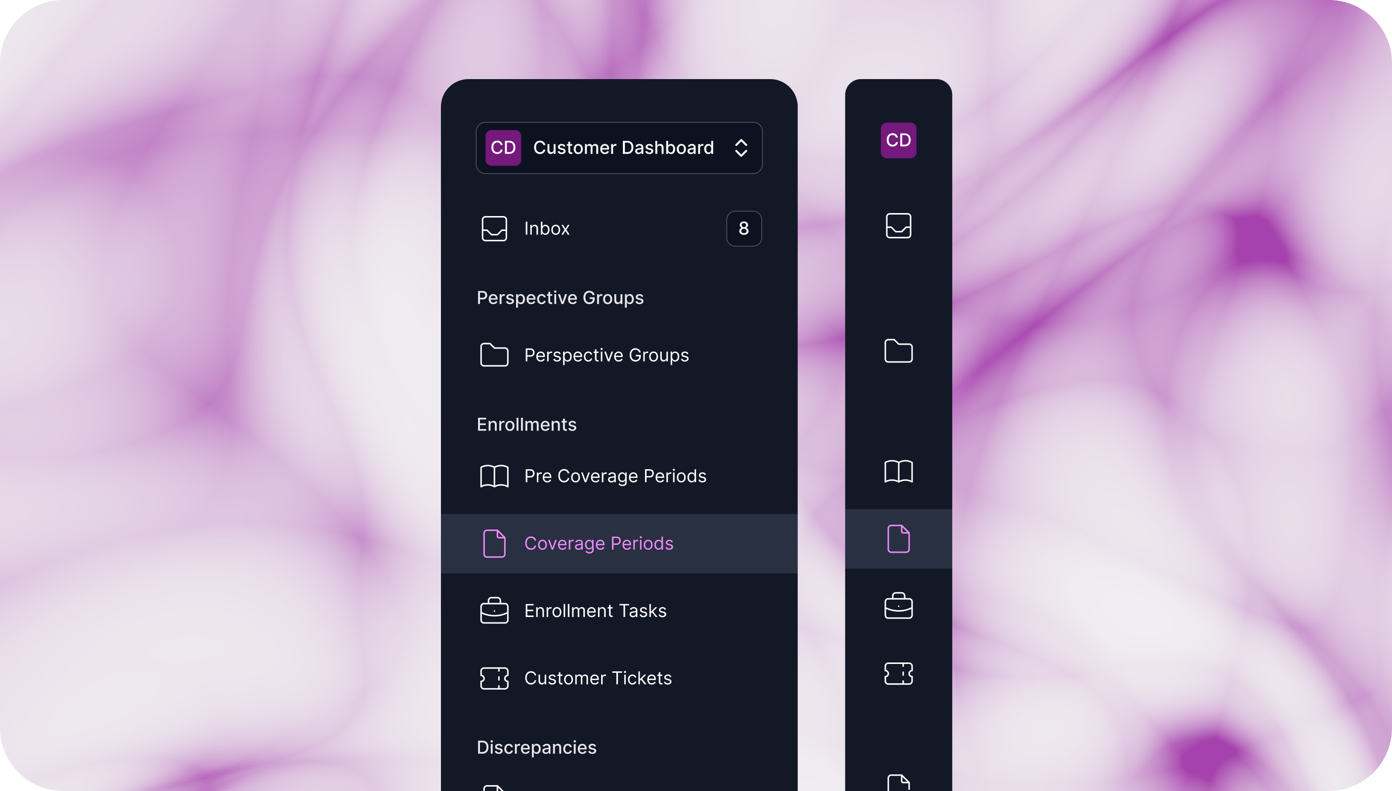 Health data platform redesign — the customer dashboard's dark navigation rails over a soft purple backdrop