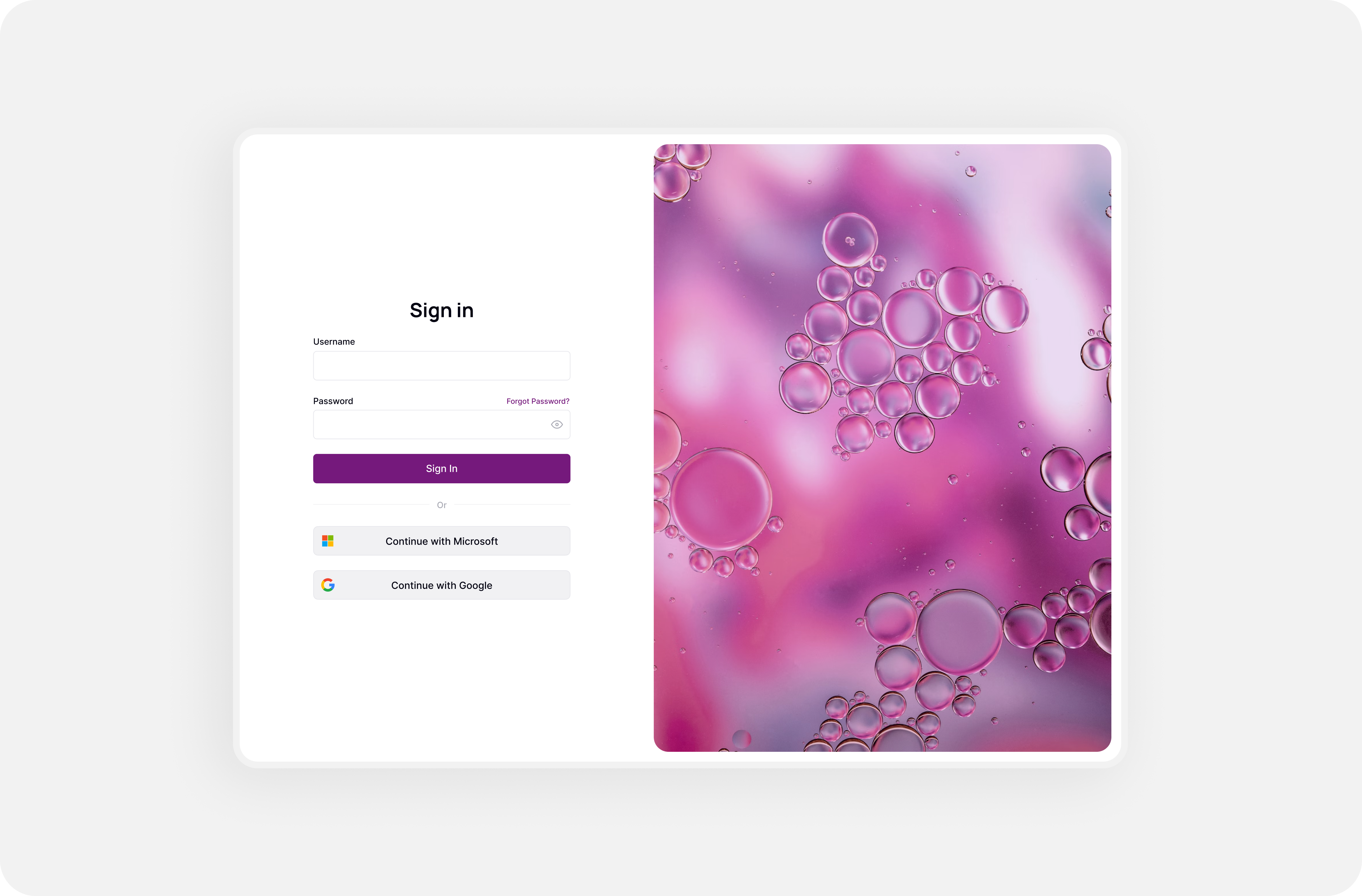 Sign-in screen for the customer dashboard — username and password fields beside a purple abstract image, with Microsoft and Google sign-in options