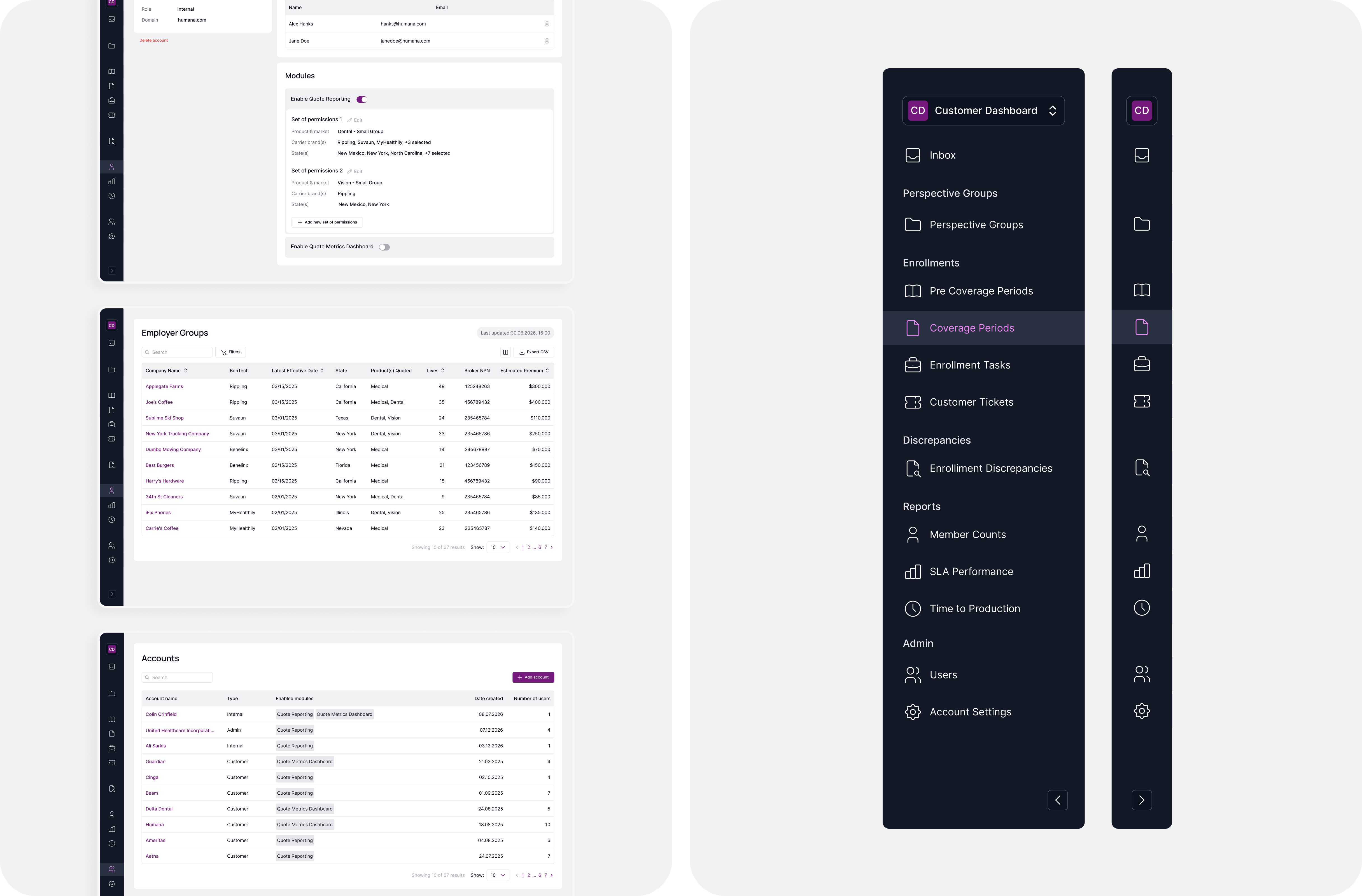Account administration — account details, employer-groups table, accounts list and the dashboard's dark navigation rail in its expanded and collapsed states