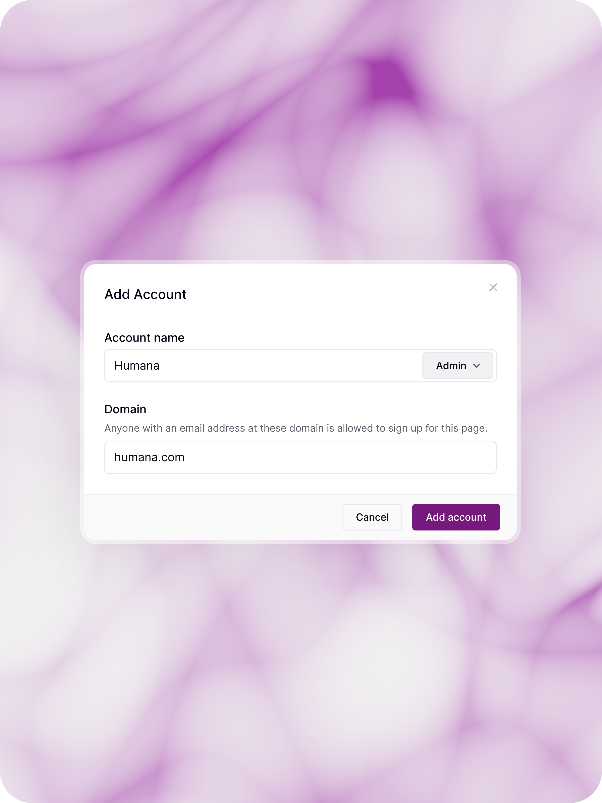 Add Account modal — account name, role and domain fields over a purple backdrop