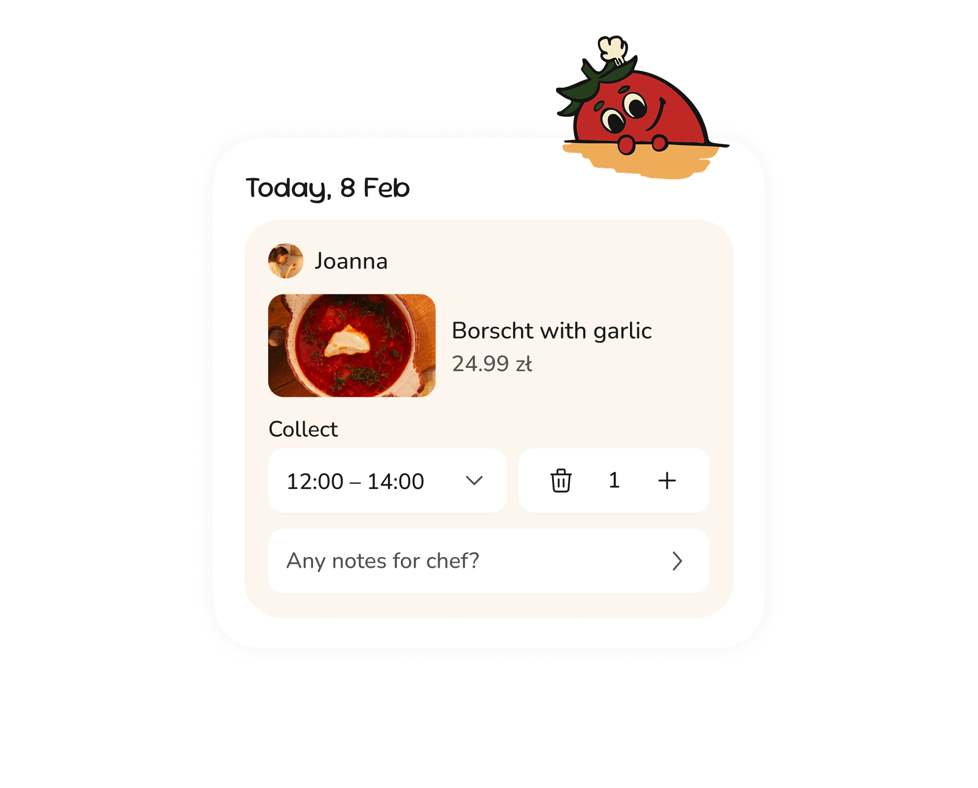 Smako food-ordering app — an order card for borscht with garlic, with the Smako tomato mascot peeking over the top