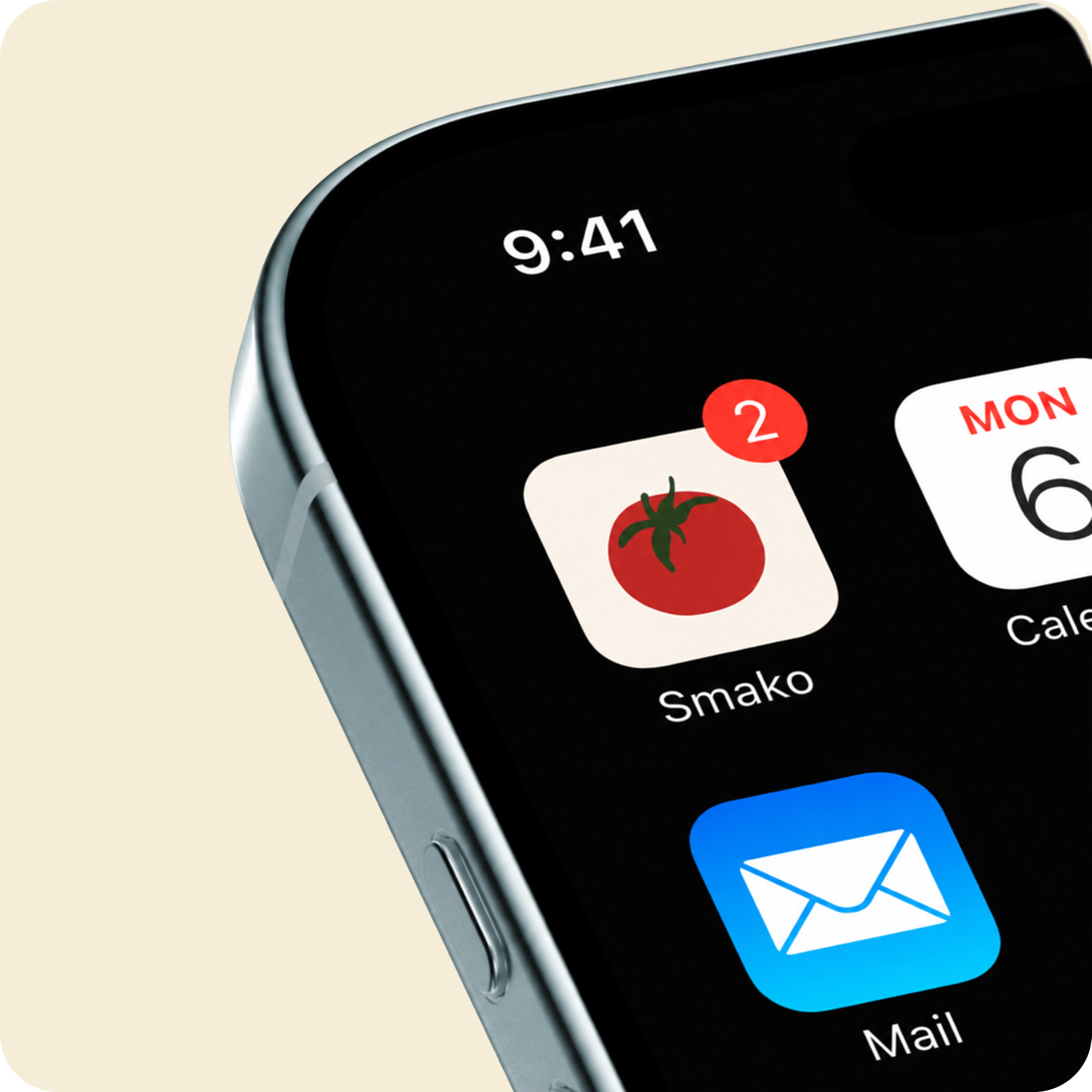 Smako app icon — tomato mark on an iOS home screen with a notification badge