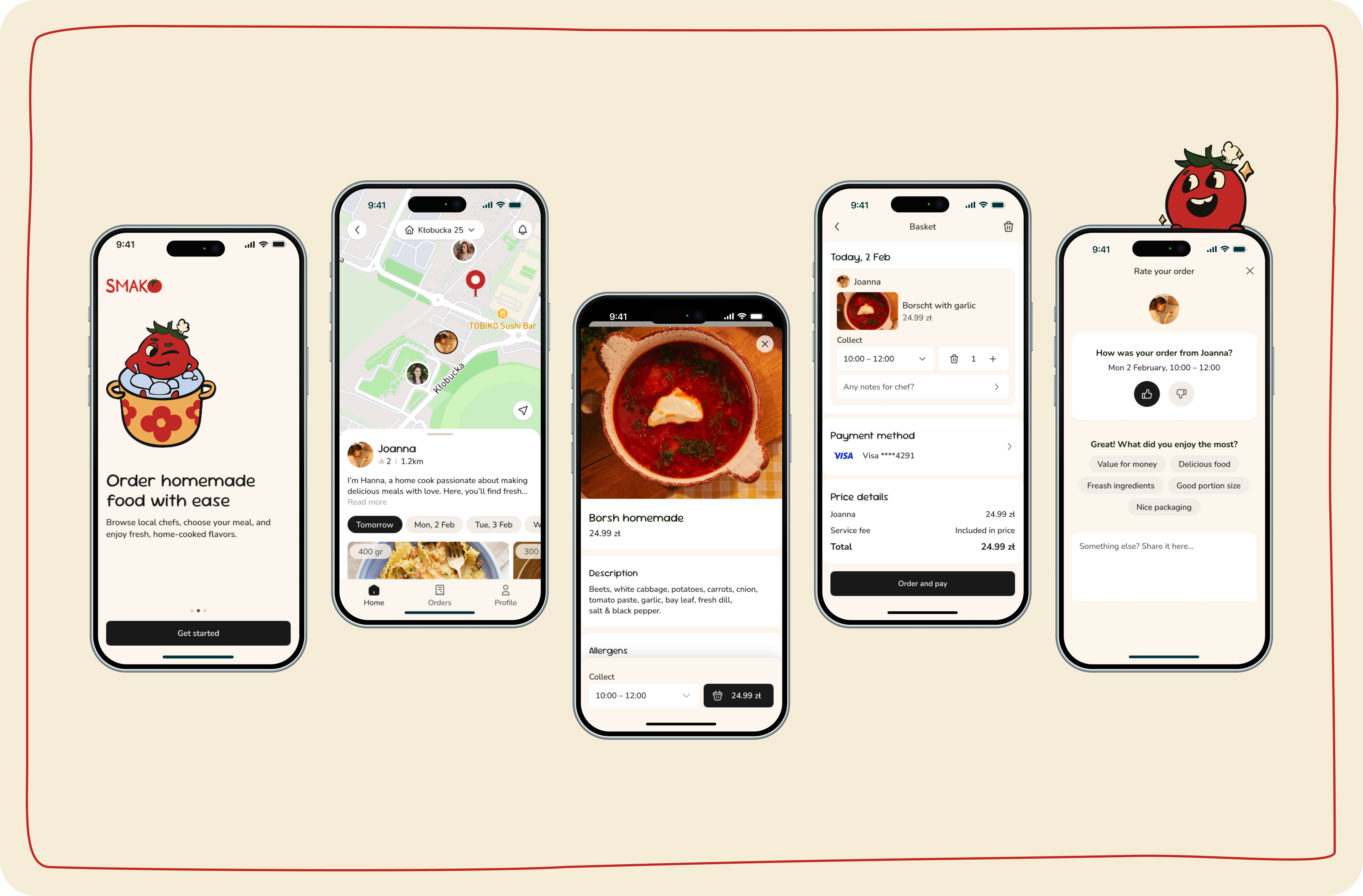 Smako customer flow — onboarding, chef map, meal detail, basket and order-rating screens