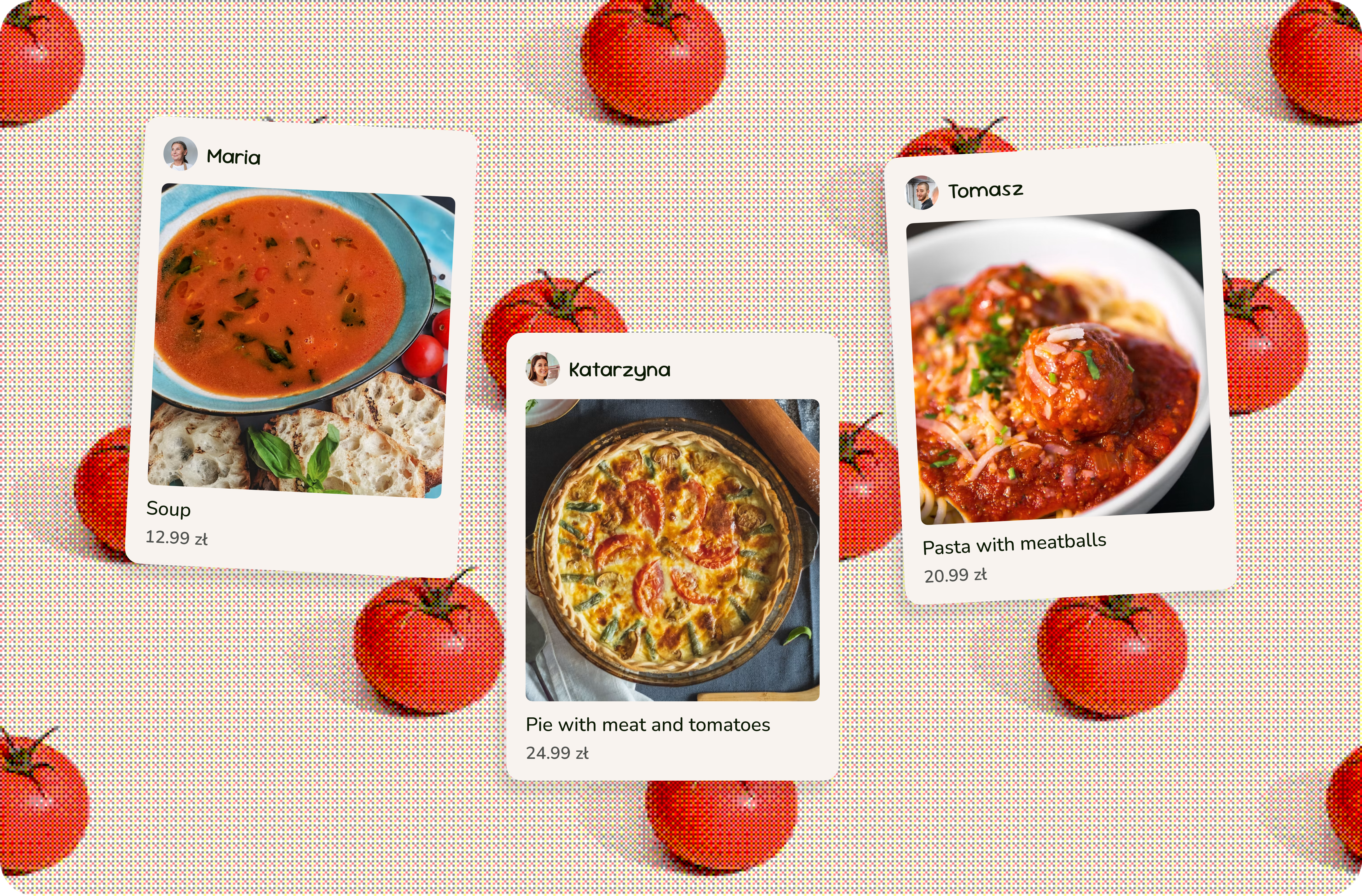 Smako meal cards — soup, meat-and-tomato pie, and pasta with meatballs from local cooks