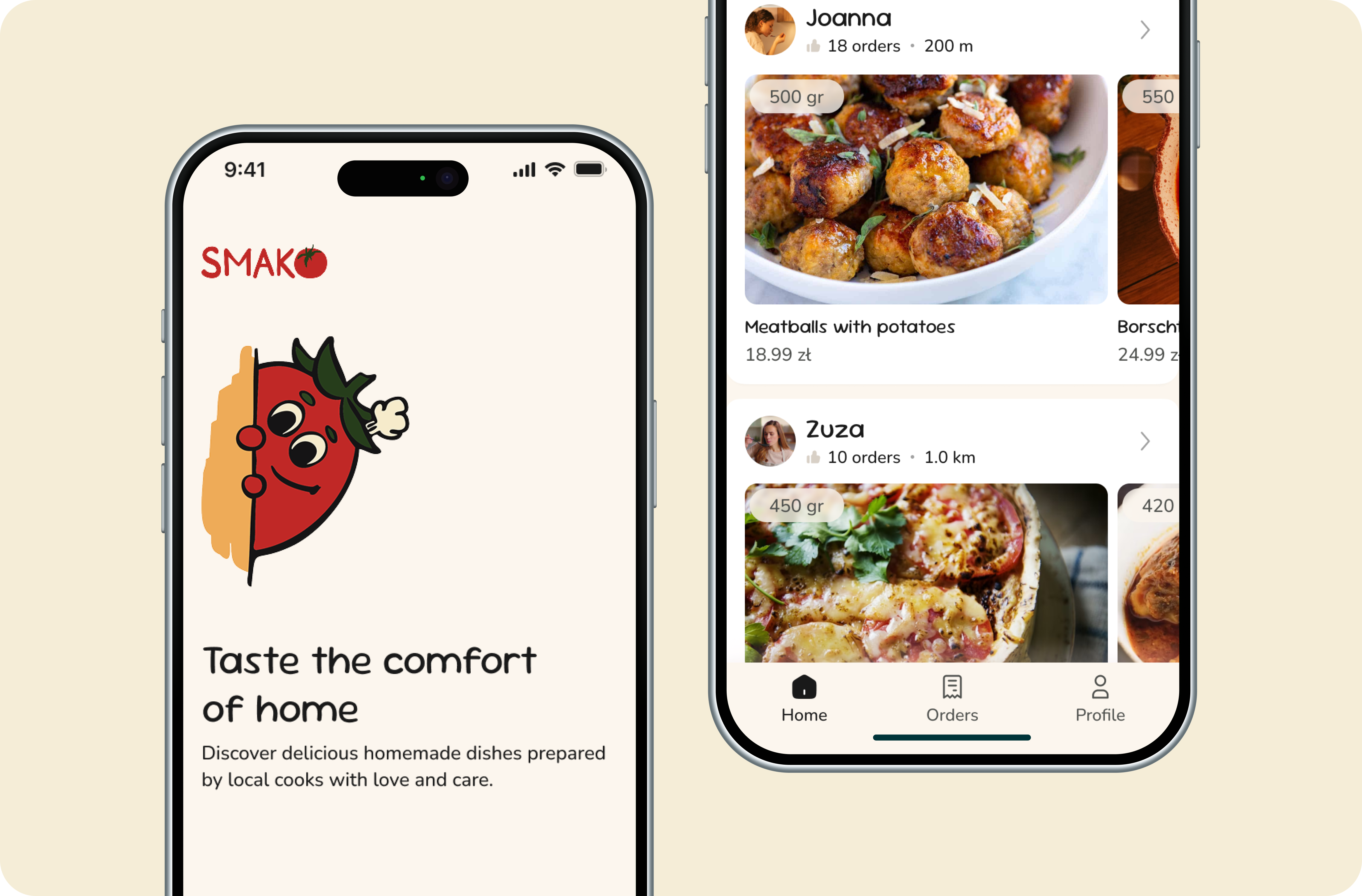 Smako home screen and order-tracking flow — browse chefs, pick-up details and order confirmation