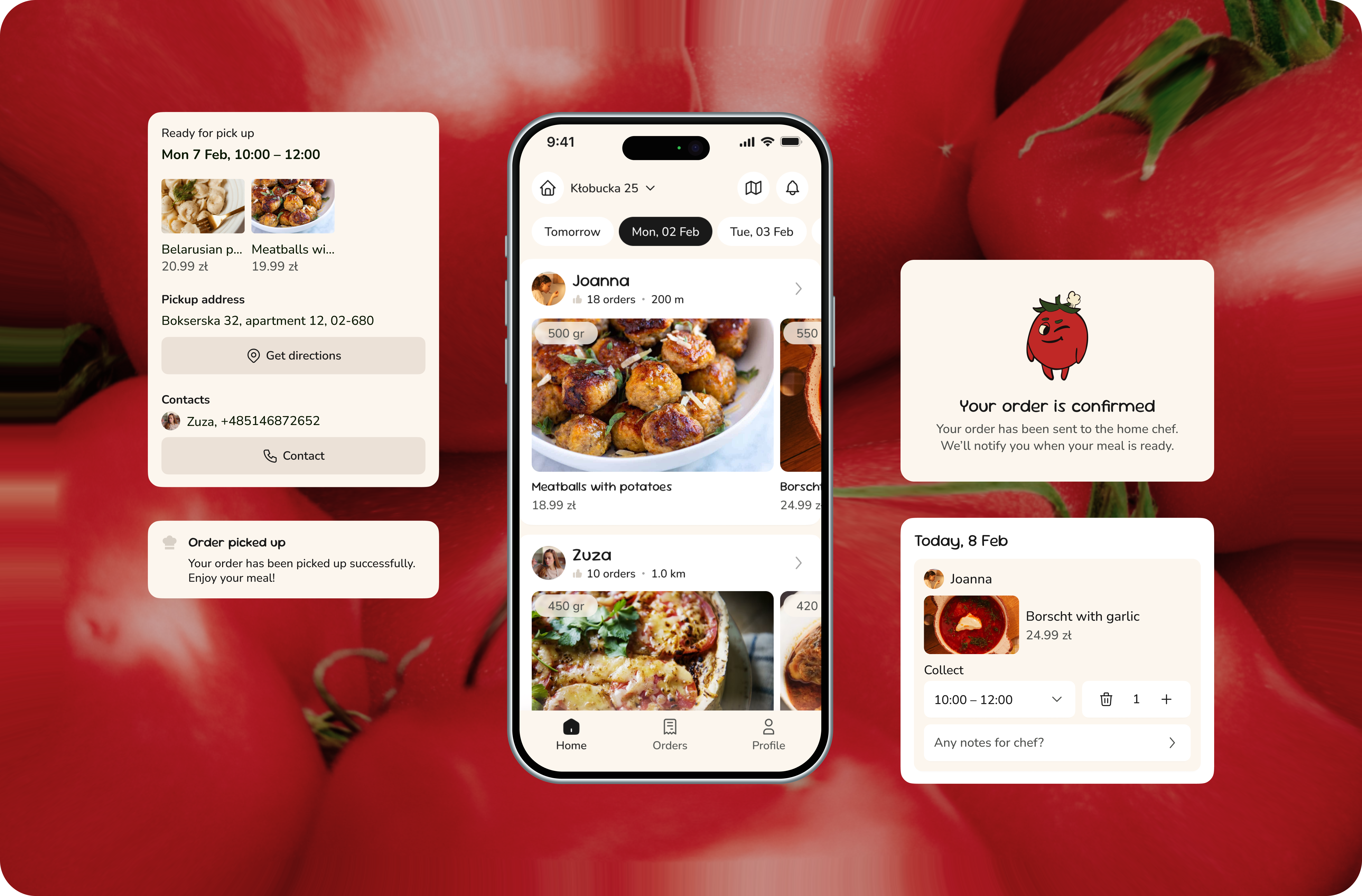 Smako home screen and order-tracking flow — browse chefs, pick-up details and order confirmation